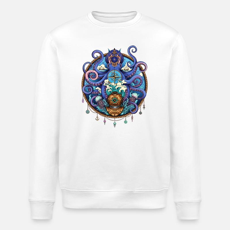 Nautical Squid Compass - Stanley/Stella ROLLER Unisex Organic Sweatshirt - white