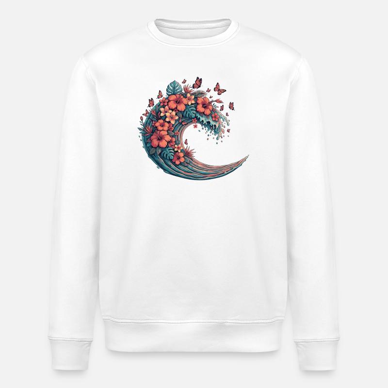 Vague lunaire avec des fleurs tropicales - Sweat bio ROLLER Stanley/Stella Unisexe - blanc