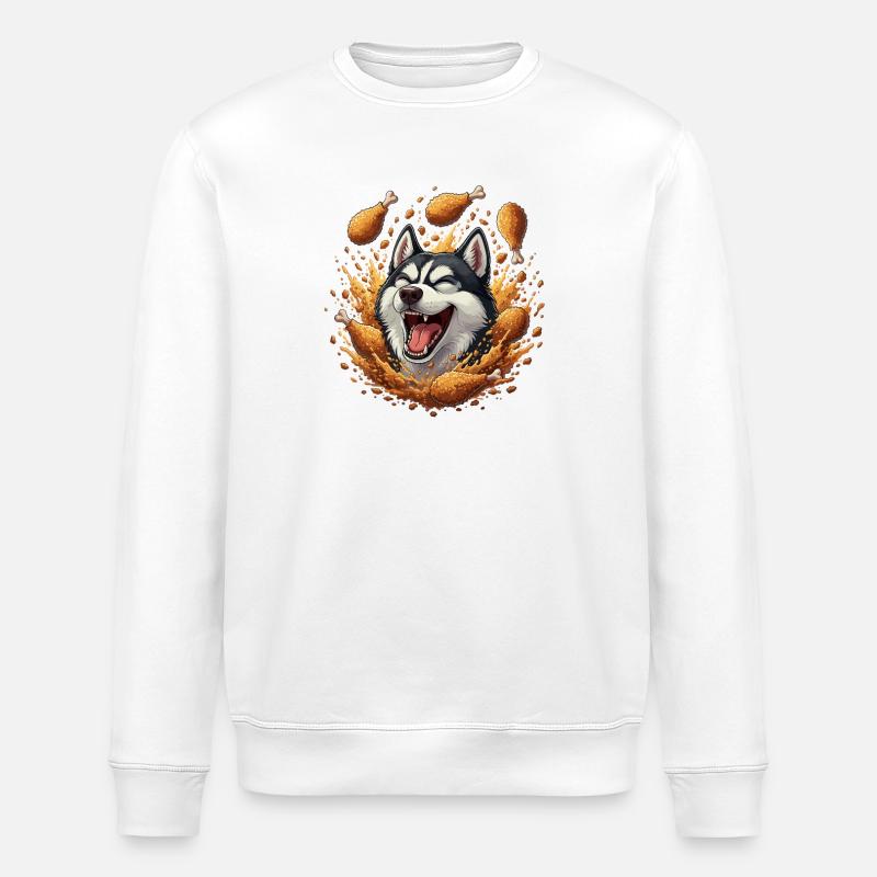 Laughing husky with fried chicken - Stanley/Stella ROLLER Unisex Organic Sweatshirt - white