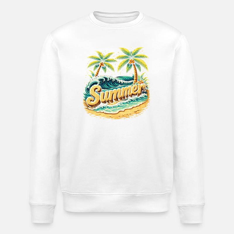 Palm Trees Beach Waves Illustration - Stanley/Stella ROLLER Unisex Organic Sweatshirt - white
