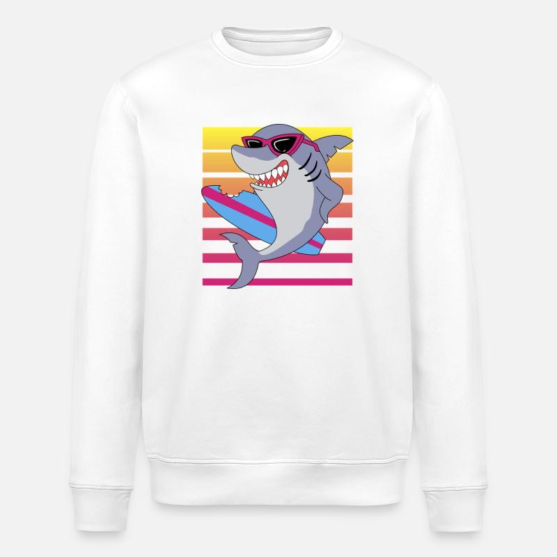 Retro Surfing Shark With Sunglasses Graphic - Stanley/Stella ROLLER Unisex Organic Sweatshirt - white