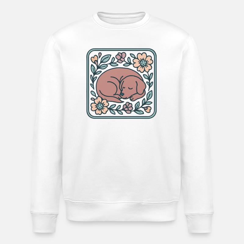 Schlafender Hund im Blumenrahmen - Stanley/Stella Unisex Bio-Sweatshirt ROLLER - Weiß