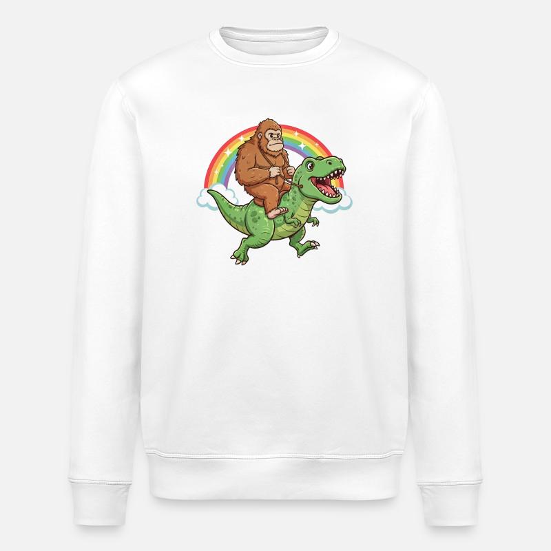 Bigfoot Riding T-Rex Dinosaur Rainbow - Stanley/Stella ROLLER Unisex Organic Sweatshirt - white