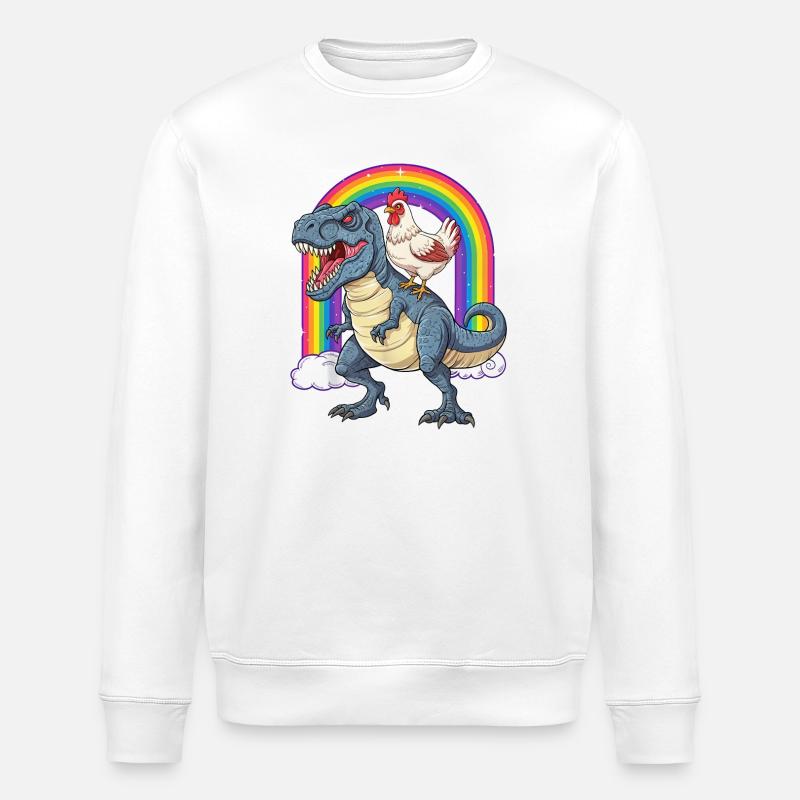 Chicken Riding T-Rex Dinosaur Rainbow - Stanley/Stella ROLLER Unisex Organic Sweatshirt - white