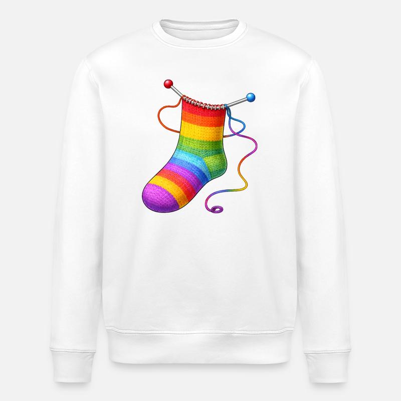 Illustration af strikket regnbuesokker - Stanley/Stella økologisk unisex-sweatshirt ROLLER - hvid