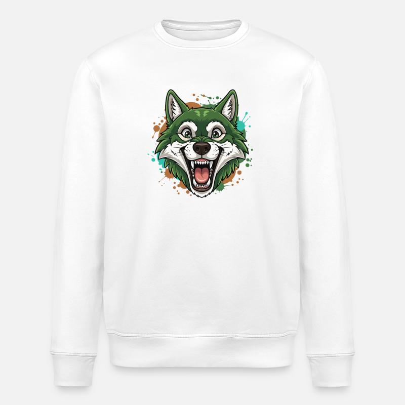 Grüner Wolf mit Farbspritzern - Stanley/Stella Unisex Bio-Sweatshirt ROLLER - Weiß