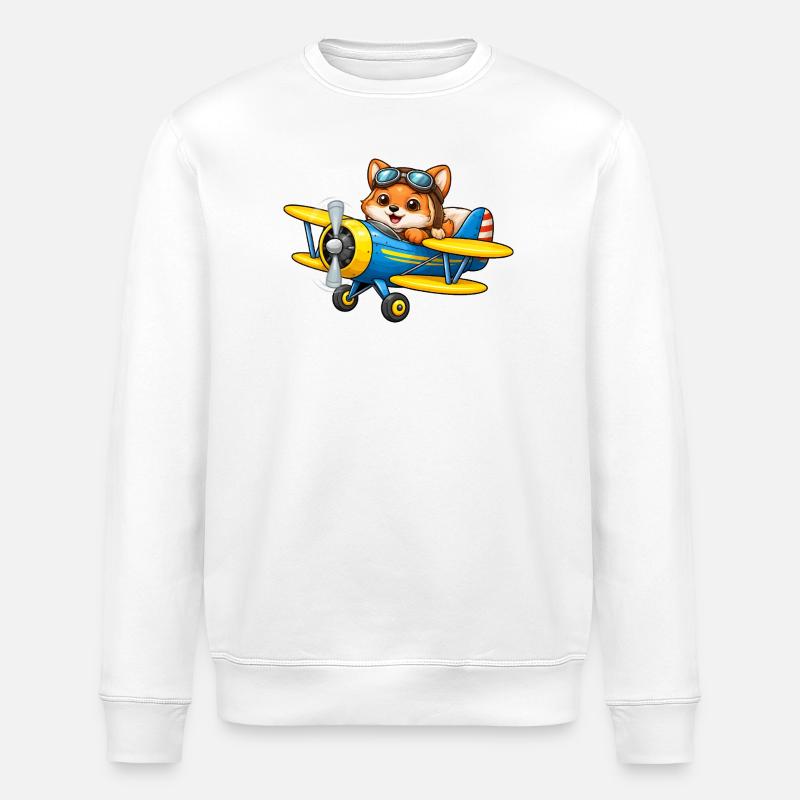 Fox Pilot Biplane Airplane Cartoon - Stanley/Stella ROLLER Unisex Organic Sweatshirt - white
