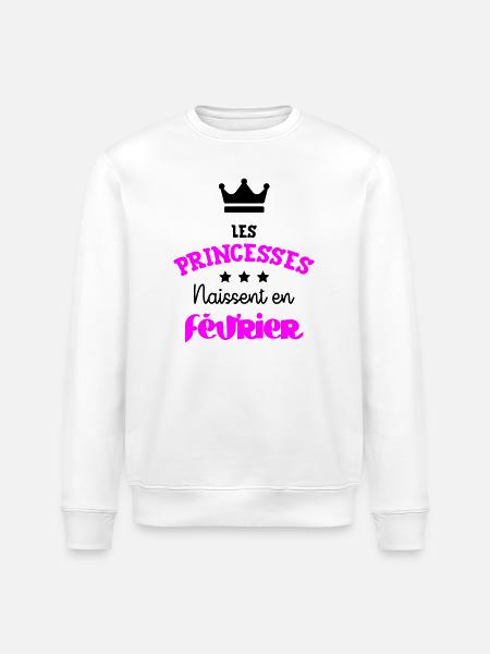 Prinsessa född i februari Födelsedagspresent - Ekologisk sweatshirt ROLLER unisex från Stanley/Stella - vit