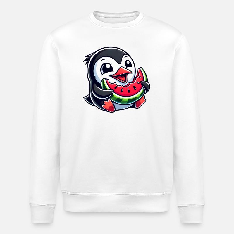 Penguin with Watermelon Summer Fruit - Stanley/Stella ROLLER Unisex Organic Sweatshirt - white