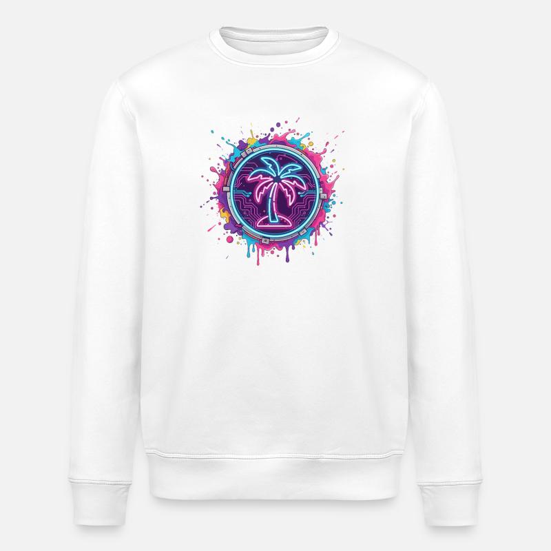 Neon palm tree in cyber circle - Stanley/Stella ROLLER Unisex Organic Sweatshirt - white