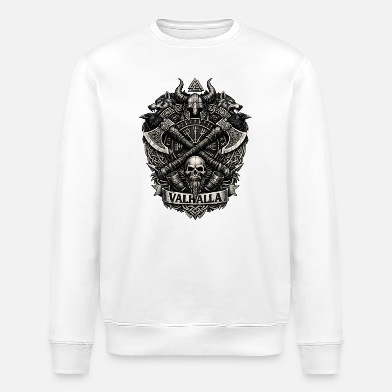 Valhalla Skull Viking Crest - Stanley/Stella ROLLER Unisex Organic Sweatshirt - white