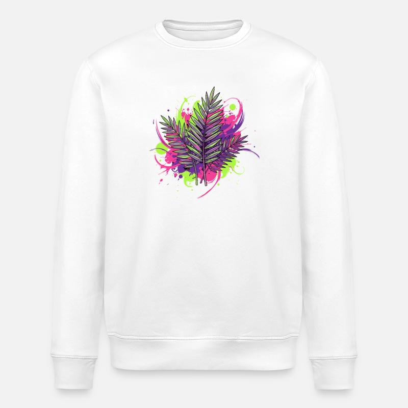 Neon Tropical Leaf with Paint Splashes - Stanley/Stella ROLLER Unisex Organic Sweatshirt - white