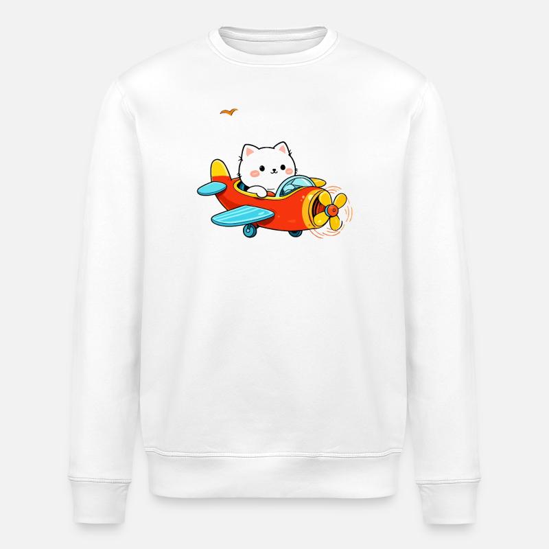 Süße Katze im Flugzeug - Stanley/Stella Unisex Bio-Sweatshirt ROLLER - Weiß