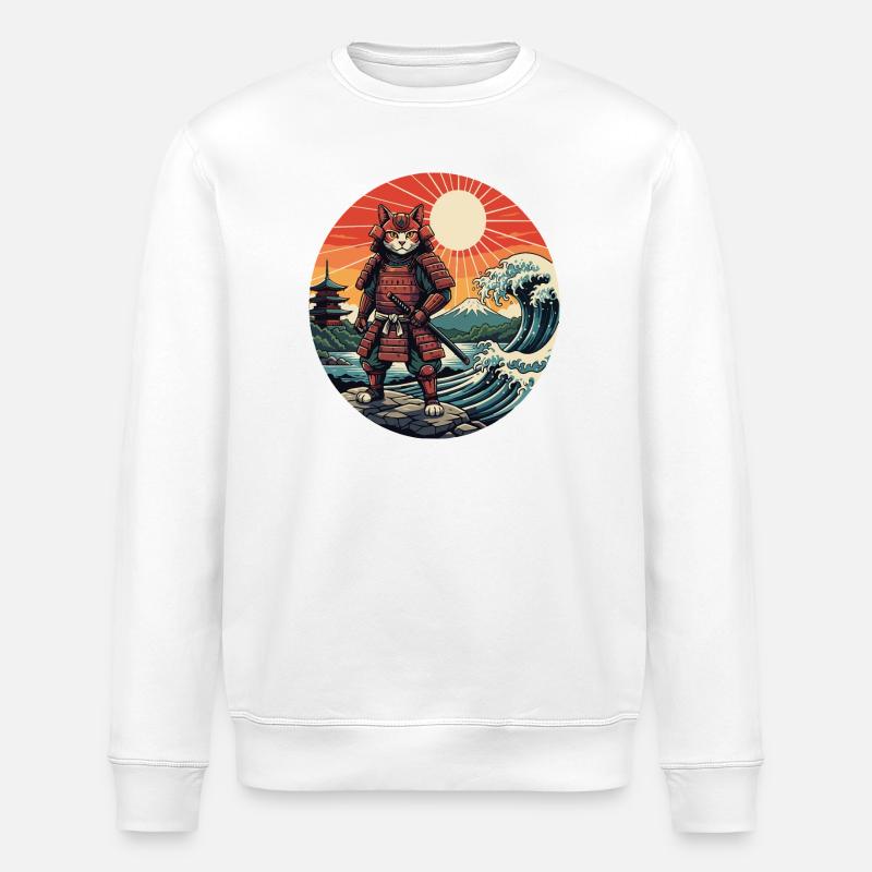 Katzen-Samurai bei Sunset Waves - Stanley/Stella Unisex Bio-Sweatshirt ROLLER - Weiß