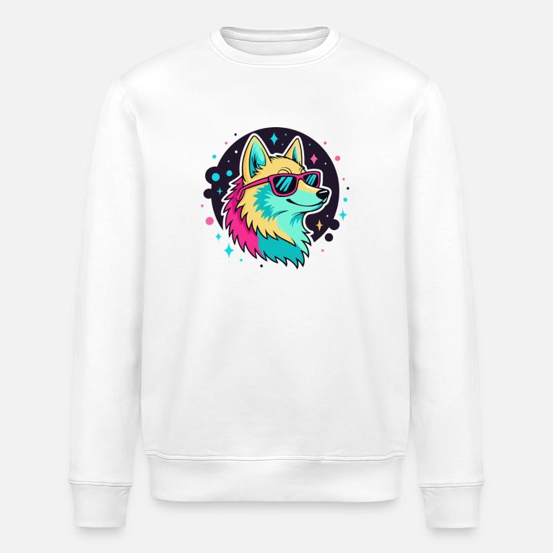 Neon Wolf with Cool Glasses - Stanley/Stella ROLLER Unisex Organic Sweatshirt - white