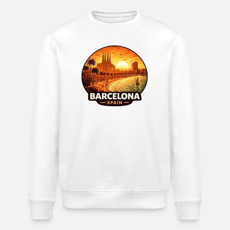Barcelona Spain Sunset Skyline - Stanley/Stella ROLLER Unisex Organic Sweatshirt - white