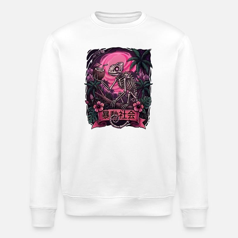Skeleton in Neon Jungle With Chameleon - Stanley/Stella ROLLER Unisex Organic Sweatshirt - white