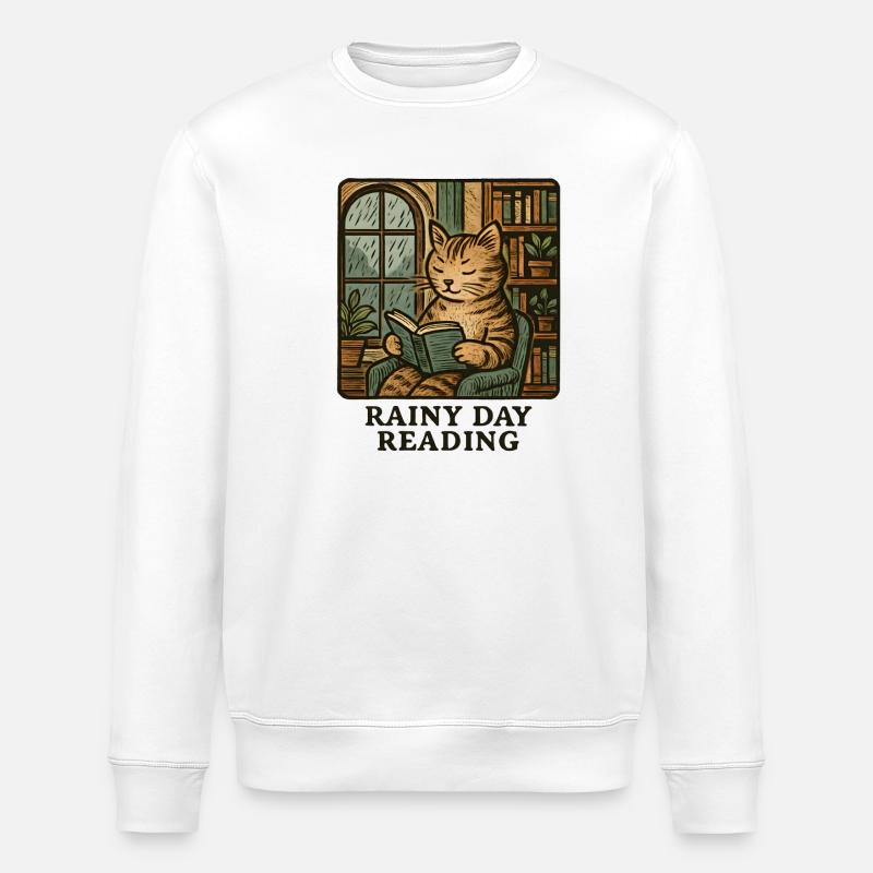 Rain cat reading - Stanley/Stella ROLLER Unisex Organic Sweatshirt - white