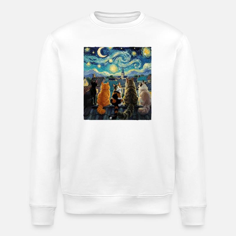 Cat Symphony Over Starry Rooftops - Stanley/Stella ROLLER Unisex Organic Sweatshirt - white