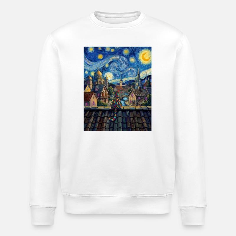 Regenbogenkatze Sternennacht Van Gogh Kunst - Stanley/Stella Unisex Bio-Sweatshirt ROLLER - Weiß