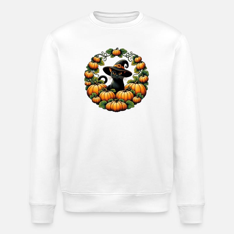 Pumpkin Circle Witch Cat - Stanley/Stella ROLLER Unisex Organic Sweatshirt - white