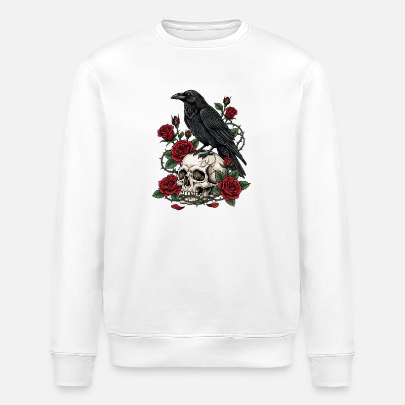 Midnight Crow on Skull Roses - Stanley/Stella ROLLER Unisex Organic Sweatshirt - white