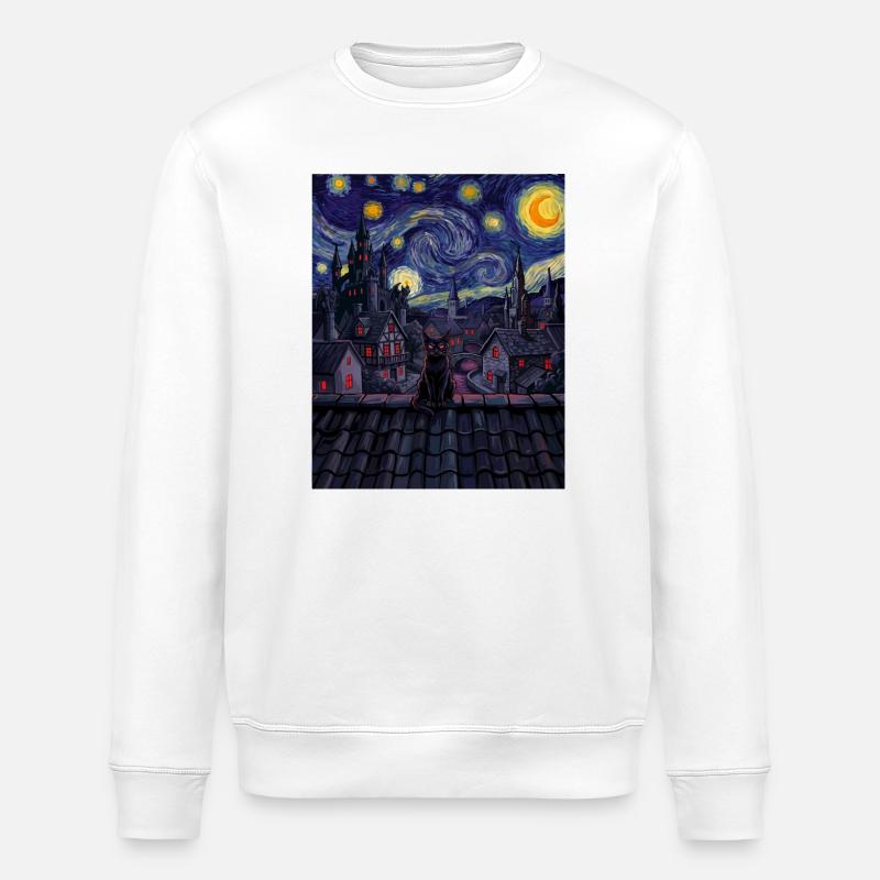 Midnight Cat Over Swirling Skyline - Stanley/Stella ROLLER Unisex Organic Sweatshirt - white