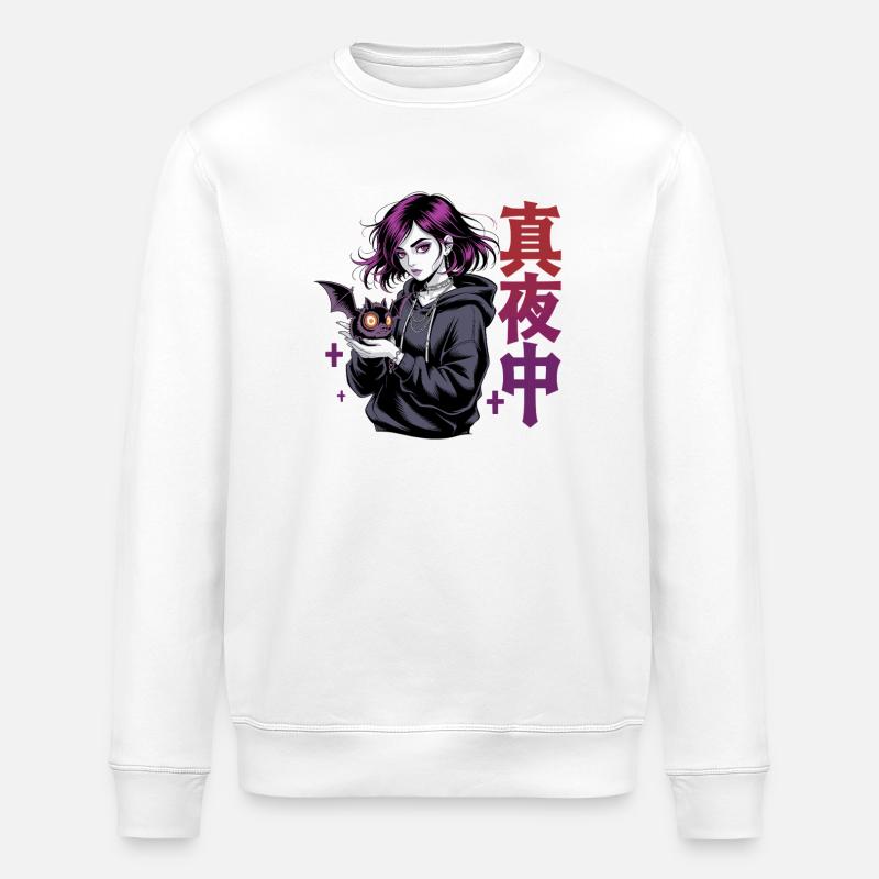真夜中 Goth Anime Girl Midnight Bat Gothic - Stanley/Stella ROLLER Unisex Organic Sweatshirt - white