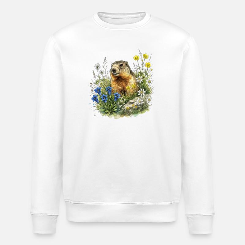 Marmotte alpine Edelweiss Aquarelle naturelle - Sweat bio ROLLER Stanley/Stella Unisexe - blanc