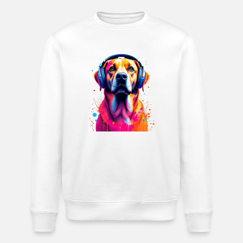 Labbi Labrador mit Kopfhörer - Stanley/Stella Unisex Bio-Sweatshirt ROLLER - Weiß