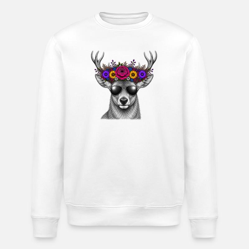 Deer with flower crown and sunglasses - Stanley/Stella ROLLER Unisex Organic Sweatshirt - white