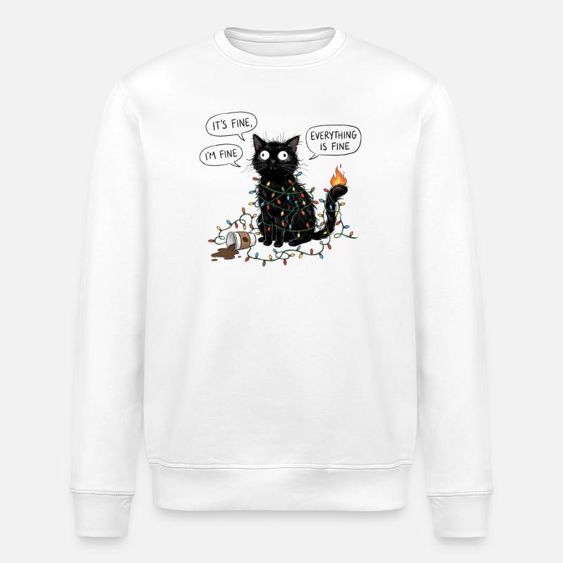 Black Cat Wrapped in Lights - Stanley/Stella ROLLER Unisex Organic Sweatshirt - white