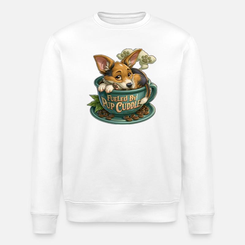 Pup Cuddle in Coffee Cup - Stanley/Stella ROLLER Unisex Organic Sweatshirt - white