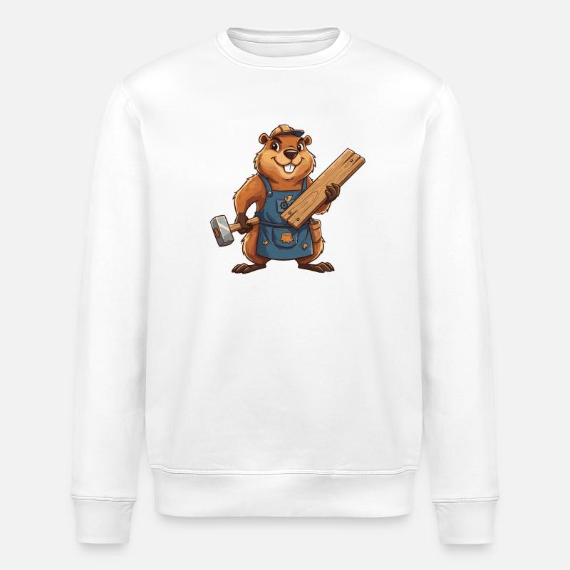 Biber Bauarbeiter mit Holzlatten - Stanley/Stella Unisex Bio-Sweatshirt ROLLER - Weiß