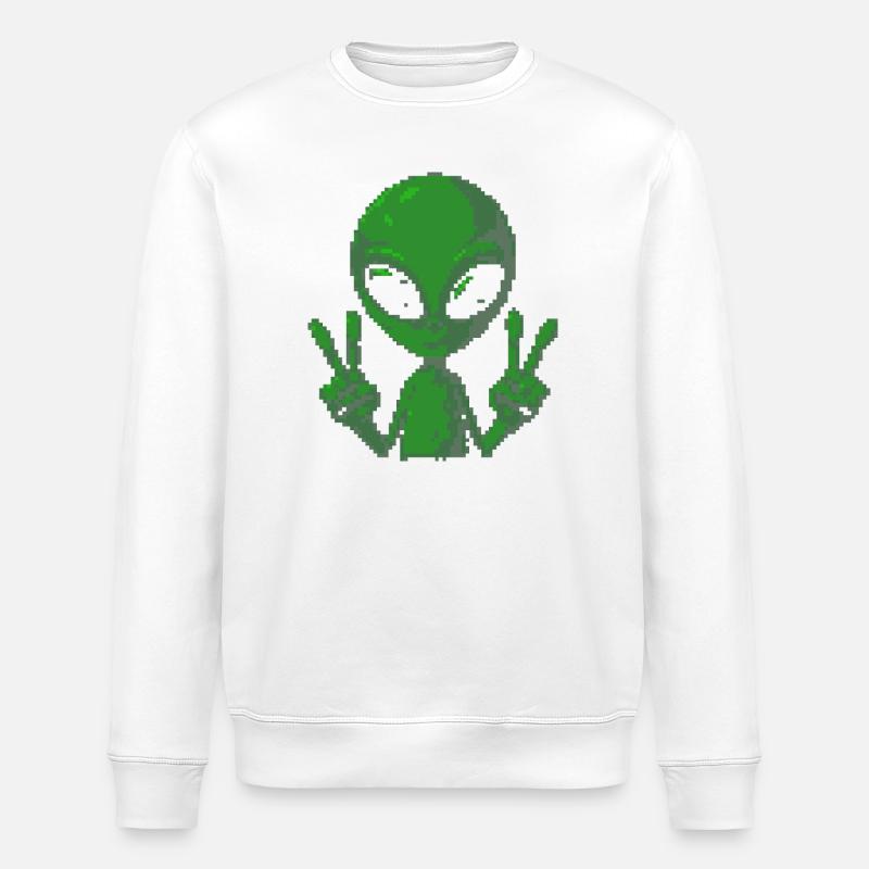 Pixel Green Alien Peace Sign - Stanley/Stella ROLLER Unisex Organic Sweatshirt - white