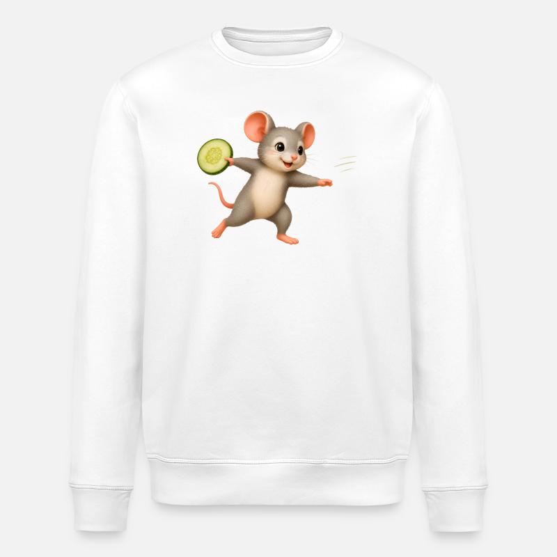 Cheerful Mouse with Cucumber Frisbee - Stanley/Stella ROLLER Unisex Organic Sweatshirt - white
