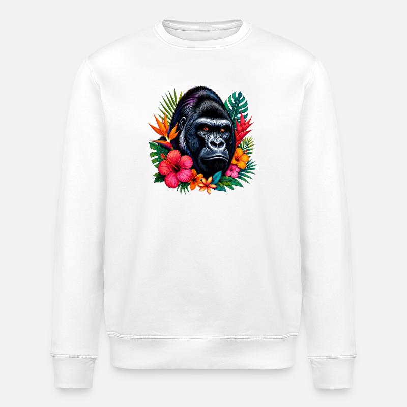 Gorilla mit Blumenpracht - Stanley/Stella Unisex Bio-Sweatshirt ROLLER - Weiß