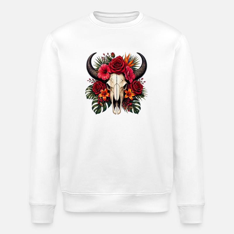 Blumen-Schädel mit Hörnern - Stanley/Stella Unisex Bio-Sweatshirt ROLLER - Weiß