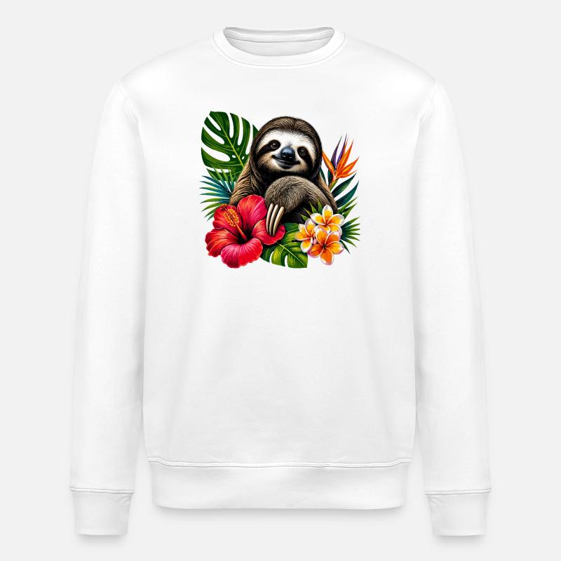 Tropisches Faultier im Blumenrausch - Stanley/Stella Unisex Bio-Sweatshirt ROLLER - Weiß