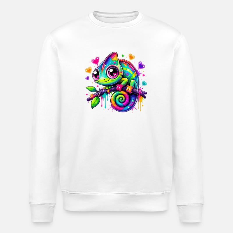 Buntes Chamäleon auf Ast - Stanley/Stella Unisex Bio-Sweatshirt ROLLER - Weiß