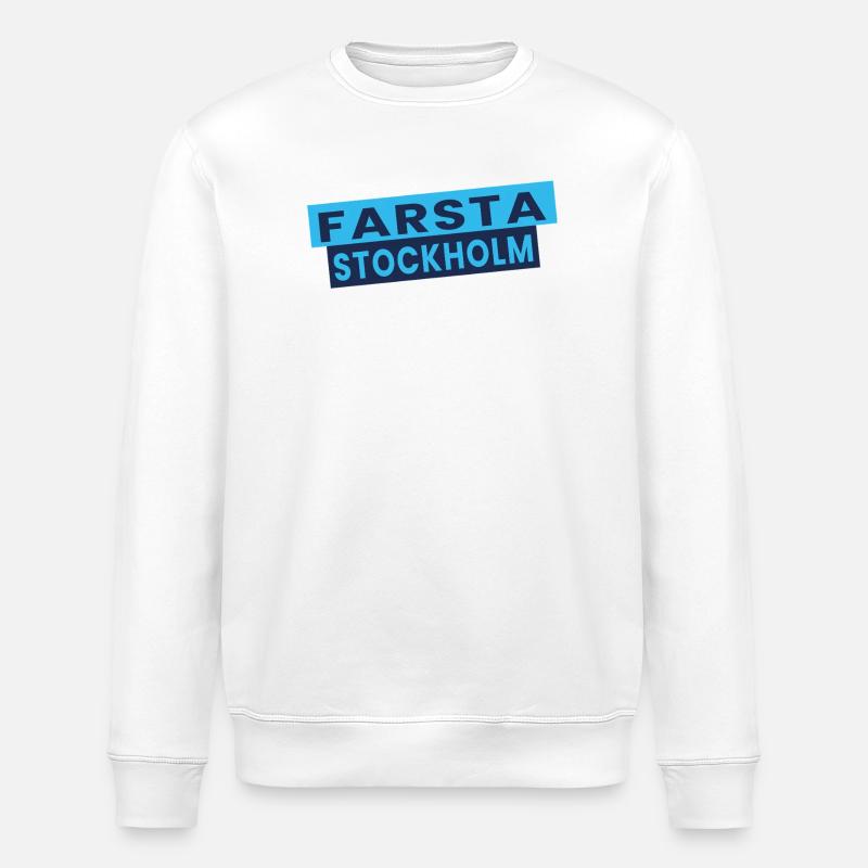 Farsta Stockholm Blaue Typografie-Layout - Stanley/Stella Unisex Bio-Sweatshirt ROLLER - Weiß