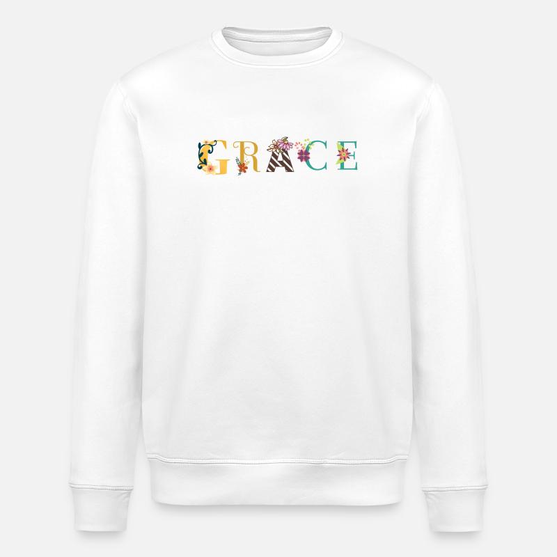 GRACE Namenskunst mit gestickten Blumen - Stanley/Stella Unisex Bio-Sweatshirt ROLLER - Weiß