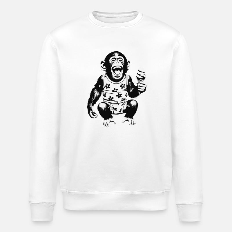 Laughing monkey with ice cream - Stanley/Stella ROLLER Unisex Organic Sweatshirt - white