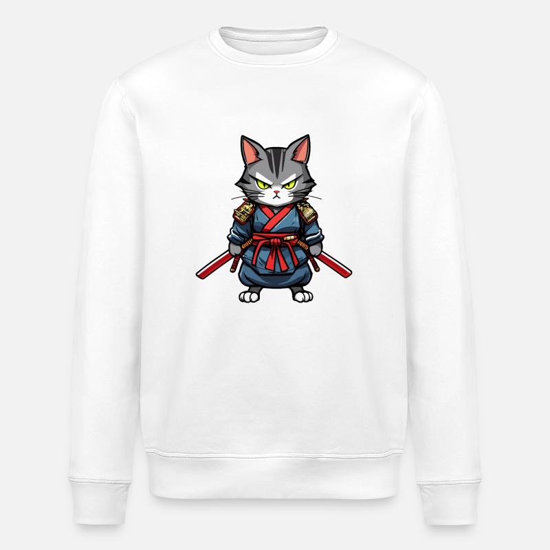 Samurai Cat #19 - Stanley/Stella ROLLER Unisex Organic Sweatshirt - white