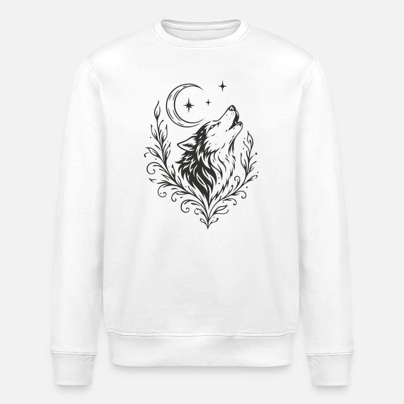 Wolf with Moon – Mystical Nature Motif - Stanley/Stella ROLLER Unisex Organic Sweatshirt - white
