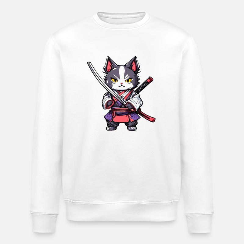 Samurai Cat #20 - Stanley/Stella ROLLER Unisex Organic Sweatshirt - white
