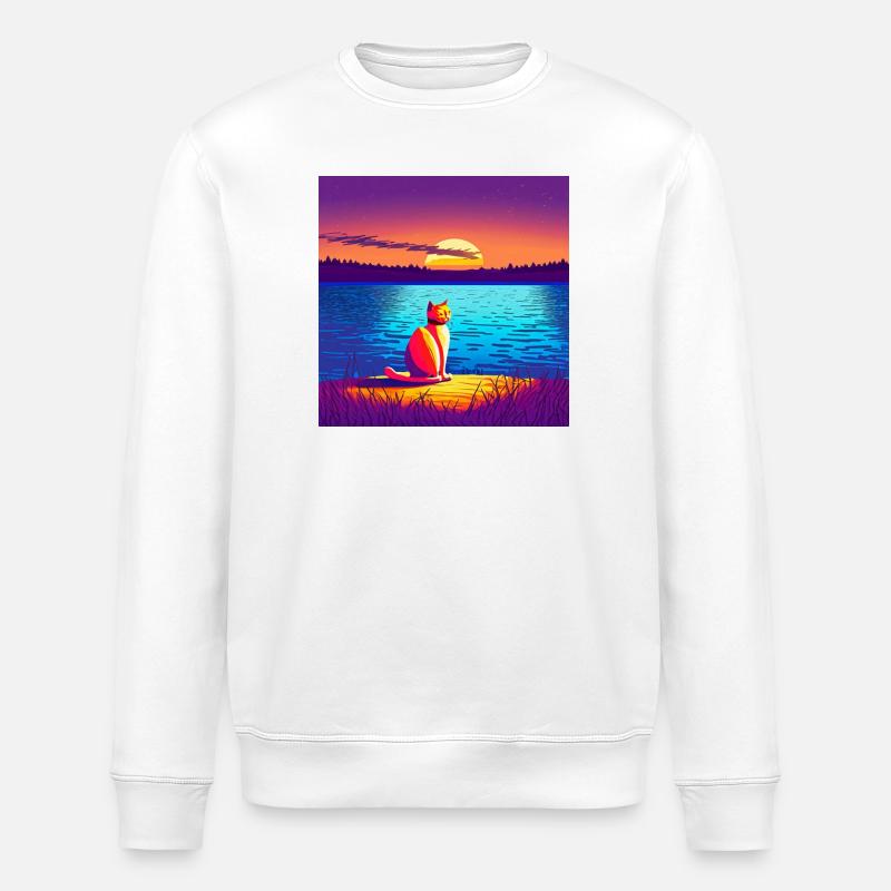 Chat profitant du coucher de soleil - Sweat bio ROLLER Stanley/Stella Unisexe - blanc