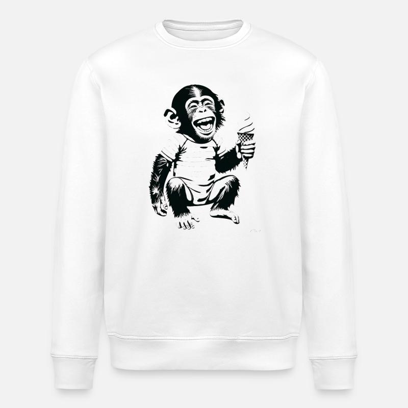 Playful Monkey with IceCream Design - Stanley/Stella ROLLER Unisex Organic Sweatshirt - white