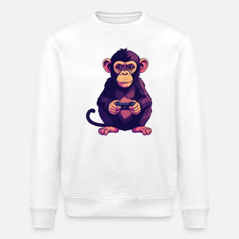 Monkey on controller playing console gaming - Stanley/Stella ROLLER Unisex Organic Sweatshirt - white