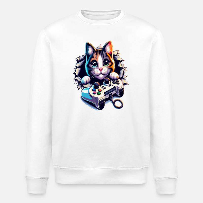 Katzen-Gamer mit Controller - Stanley/Stella Unisex Bio-Sweatshirt ROLLER - Weiß